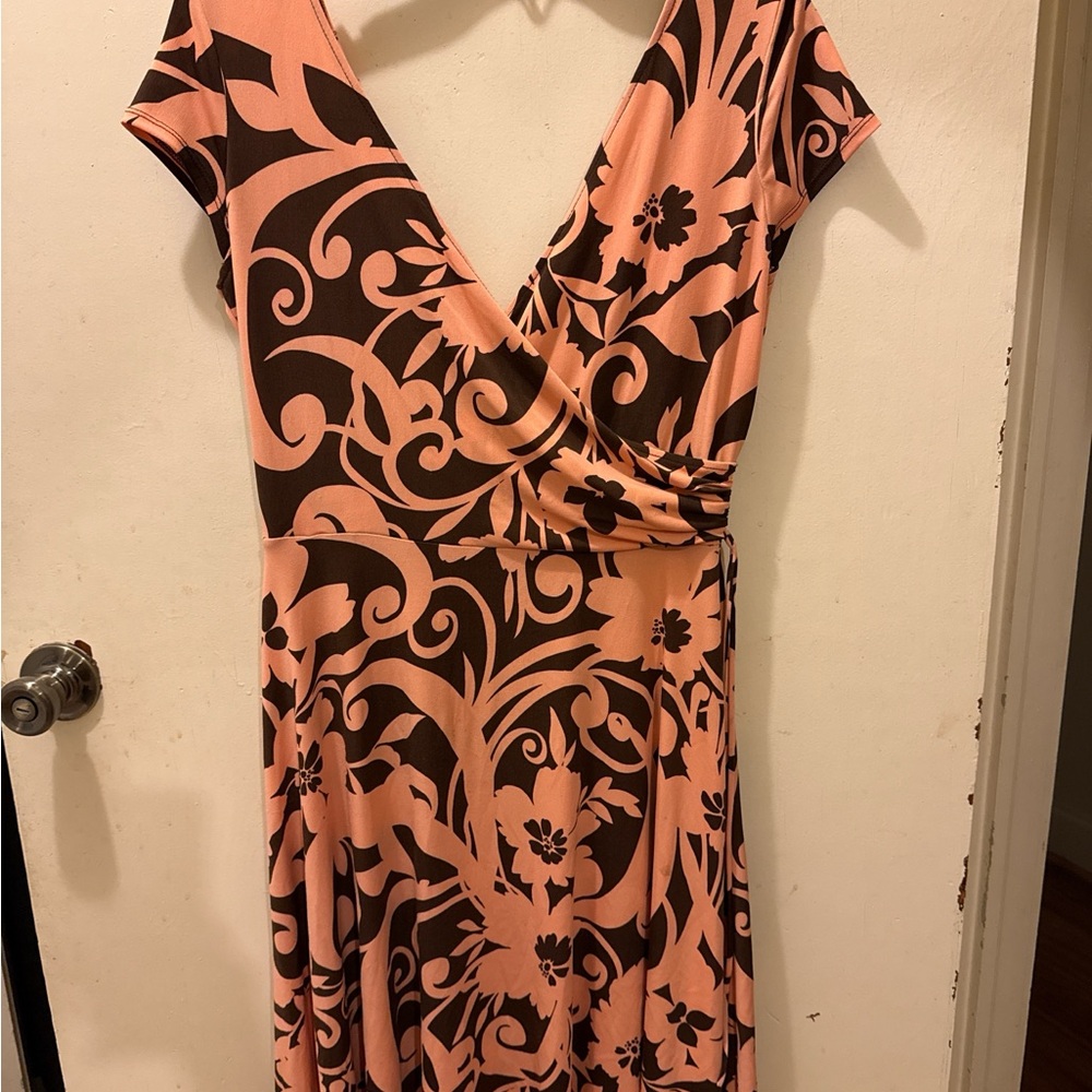 London Times Pink and Brown Floral Midi Dress